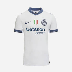 Maillot extérieur Inter Milan 2025 – Design blanc avec touches bleu et noir.