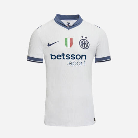Maillot extérieur Inter Milan 2025 – Design blanc avec touches bleu et noir.