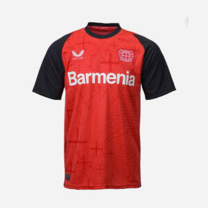 Maillot domicile Bayer Leverkusen 2025, design moderne rouge et noir.