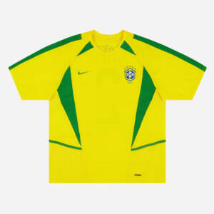 Maillot domicile Brésil 2002, jaune et vert, porté par Ronaldo lors de la victoire en Coupe du Monde.