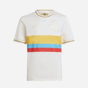 Maillot anniversaire 100 ans Colombie, avec des couleurs jaunes et bleues, célébrant l'héritage du football colombien.