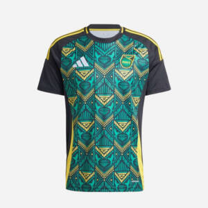 Maillot extérieur Jamaïque 2024, design moderne avec des couleurs noires et dorées.