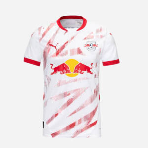 Maillot domicile RB Leipzig 2025, design moderne rouge et blanc.