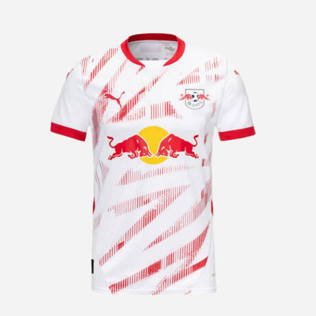 Maillot domicile RB Leipzig 2025, design moderne rouge et blanc.