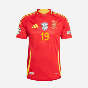 Maillot domicile Espagne 2024, porté par Lamine Yamal, avec des couleurs rouge et or.