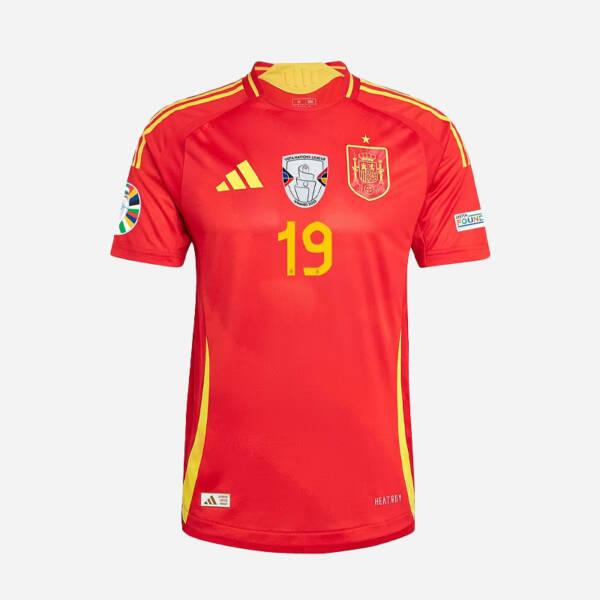 Maillot domicile Espagne 2024, porté par Lamine Yamal, avec des couleurs rouge et or.