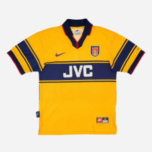 Maillot extérieur Arsenal 1998-1999, jaune avec des touches de bleu porté par Bergkamp.