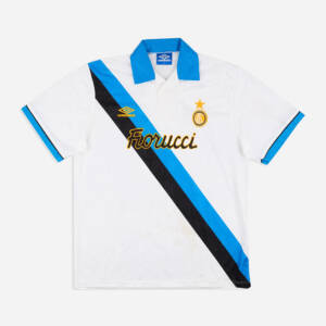 Maillot extérieur Inter Milan 1994, design blanc classique avec bandes bleues et noires.