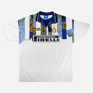 Maillot extérieur Inter Milan 1995/1996, blanc avec motifs bleus vintage.