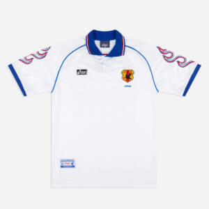 Maillot extérieur Japon 1998, blanc avec détails bleus et rouges, design Coupe du Monde.