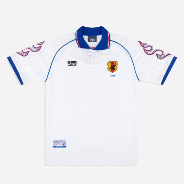 Maillot extérieur Japon 1998, blanc avec détails bleus et rouges, design Coupe du Monde.