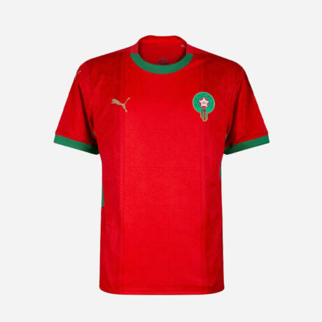Maillot domicile Maroc 2025, rouge avec col vert.
