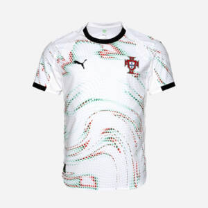 Maillot extérieur Portugal 2025 blanc, motifs vert et rouge.