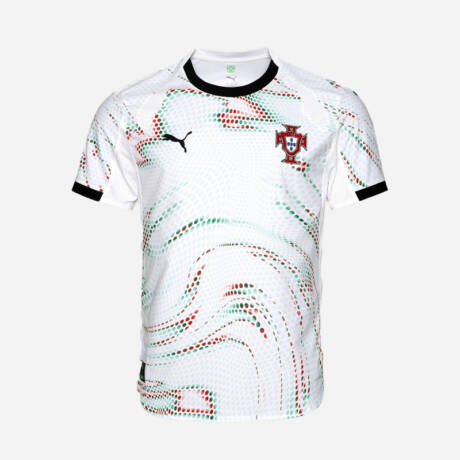Maillot extérieur Portugal 2025 blanc, motifs vert et rouge.