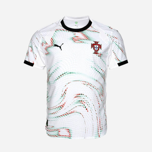 Maillot extérieur Portugal 2025 blanc, motifs vert et rouge.