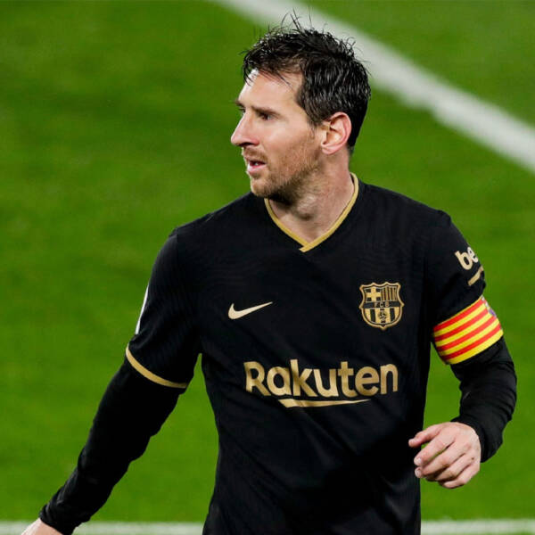 Maillot extérieur FC Barcelone 2020/2021 Messi noir et or - face avant